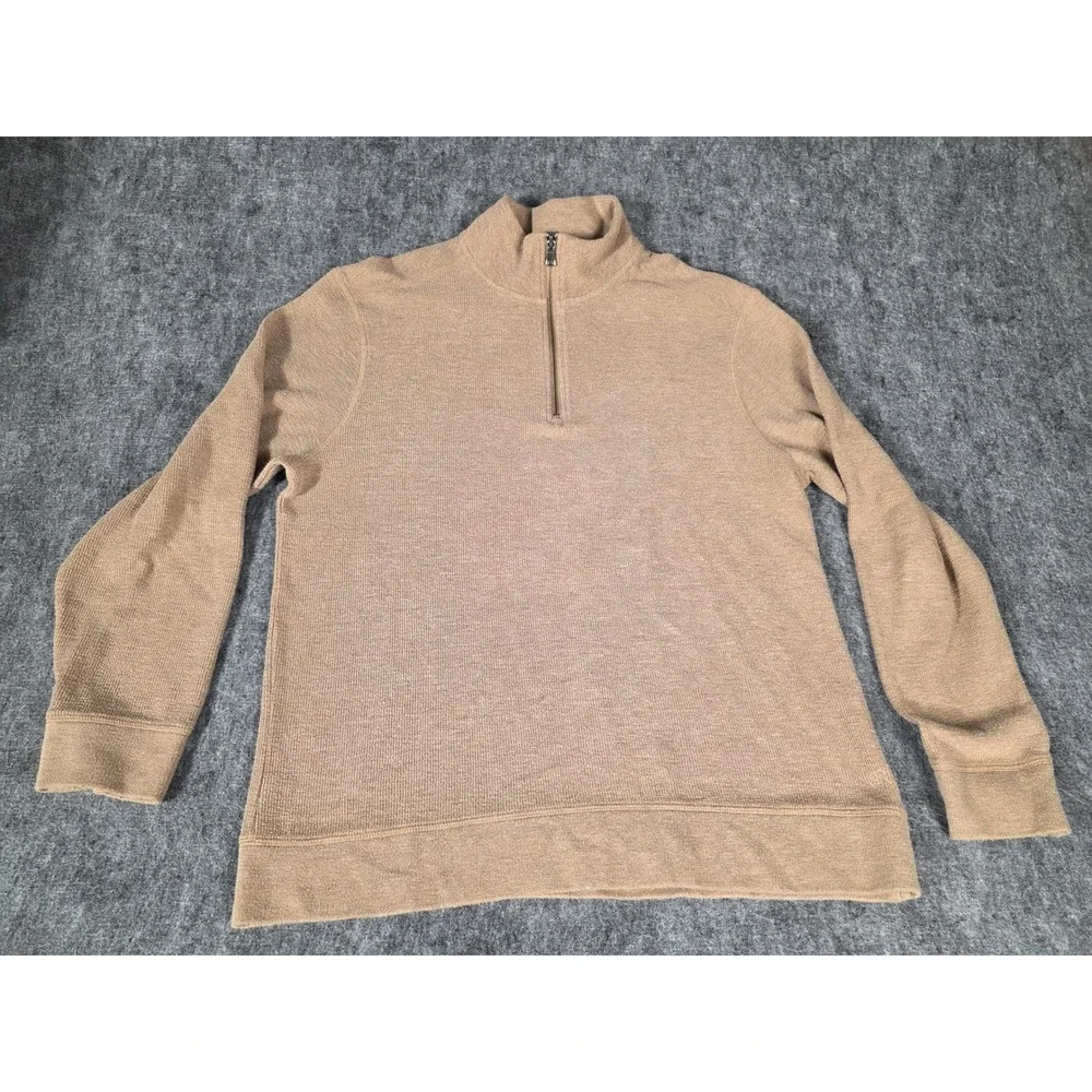 Mens L Sweater Pullover Tan Brown Waffle Knit 1/4 Zip Mock Neck Banana Republic
